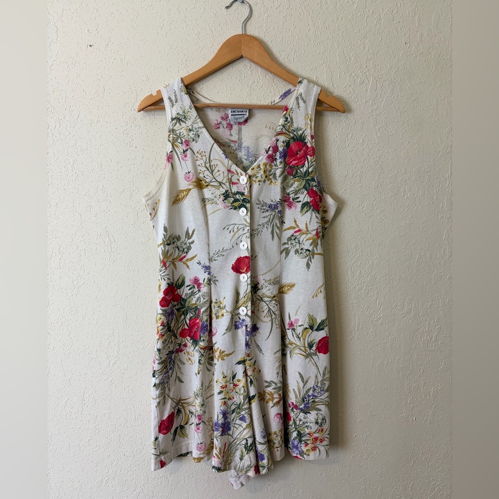 Vintage Floral Colorful Button Down Cotton Beach Fun 90s Tank Vneck Romper